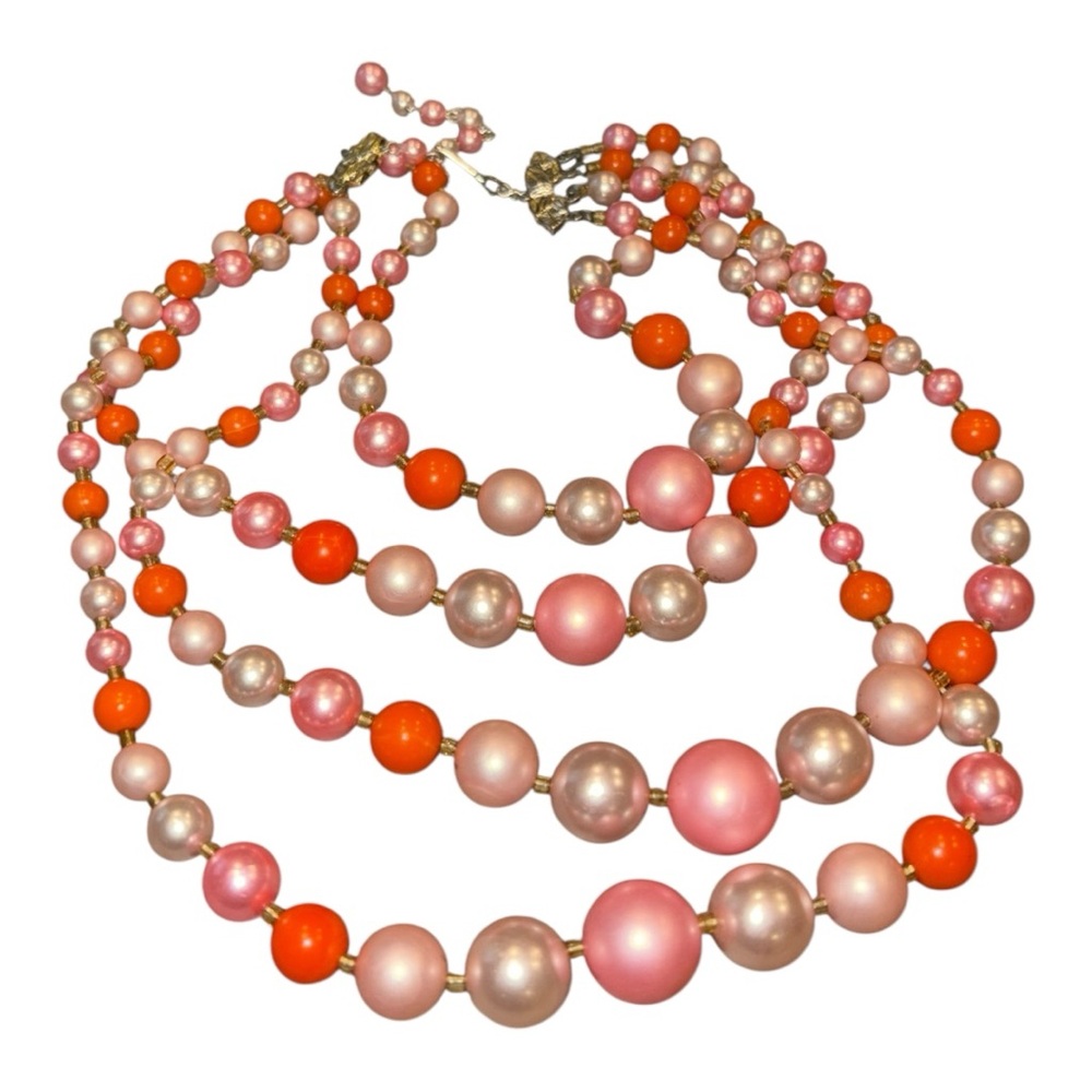 Vintage Japan Multi Strand Pink Coral Faux Pearl Beaded Necklace J42